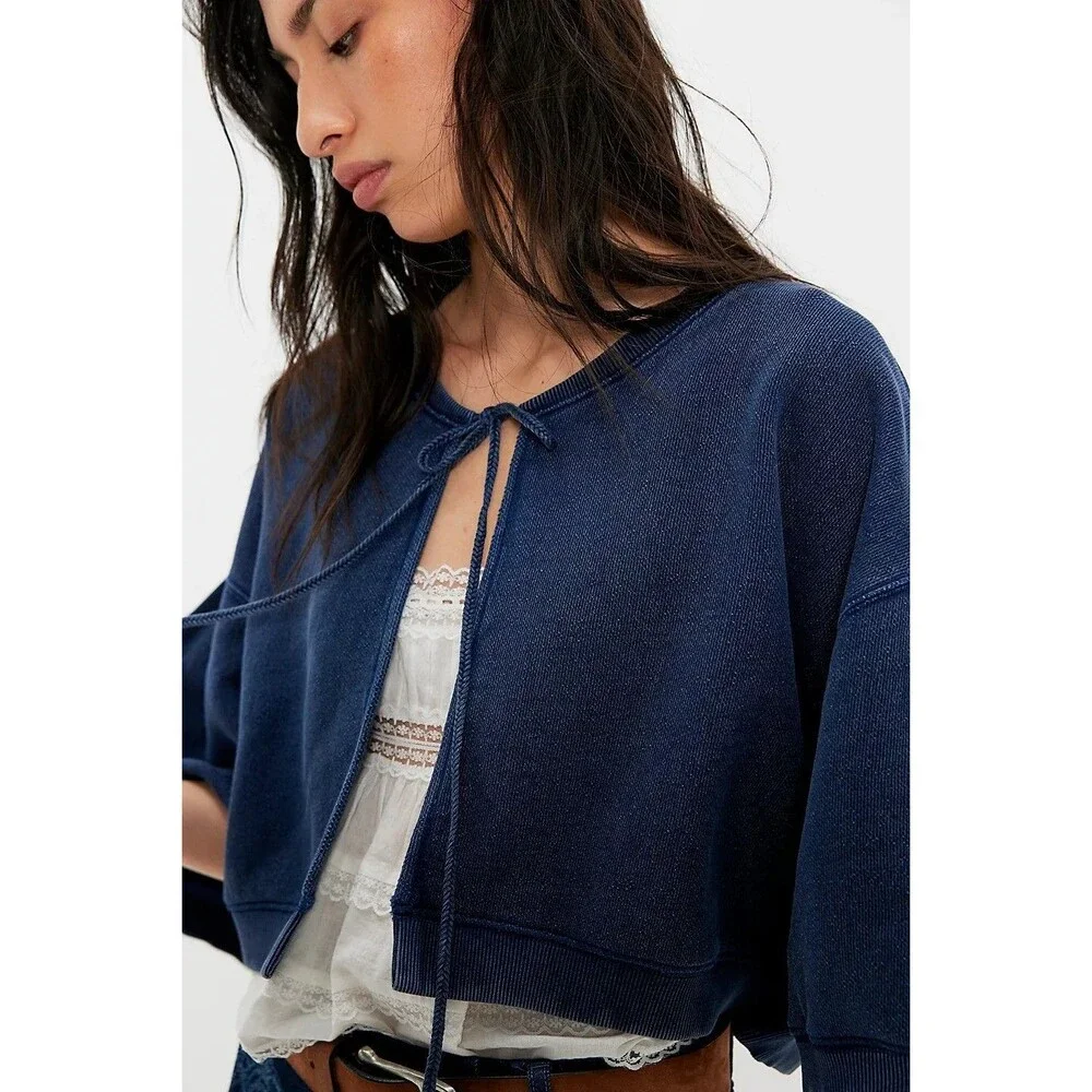 Free People Cape Me Cozy Cardi Blouse Top Cropped Crew Neck Cotton Boxy L 289850